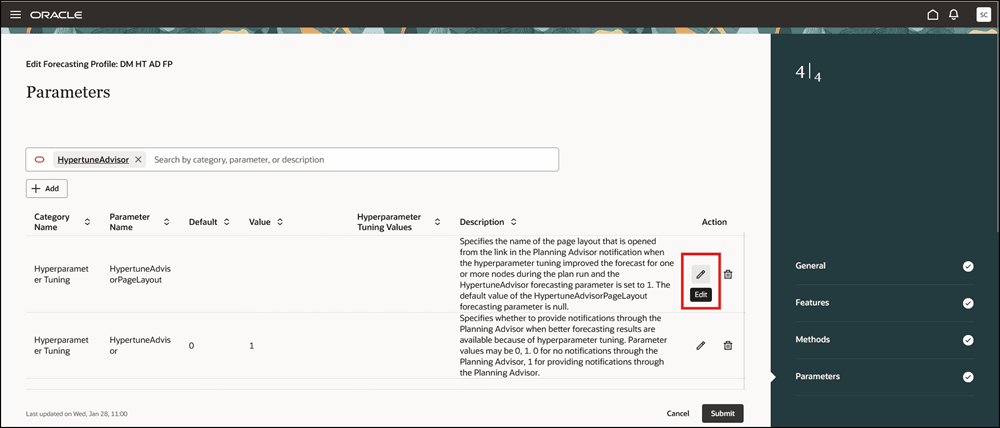 Edit Icon for Forecasting Parameter