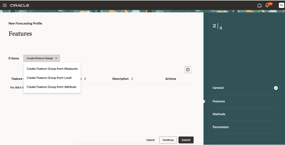 Features Step in Guided Process for Creating Forecasting Profile for External Machine Learning