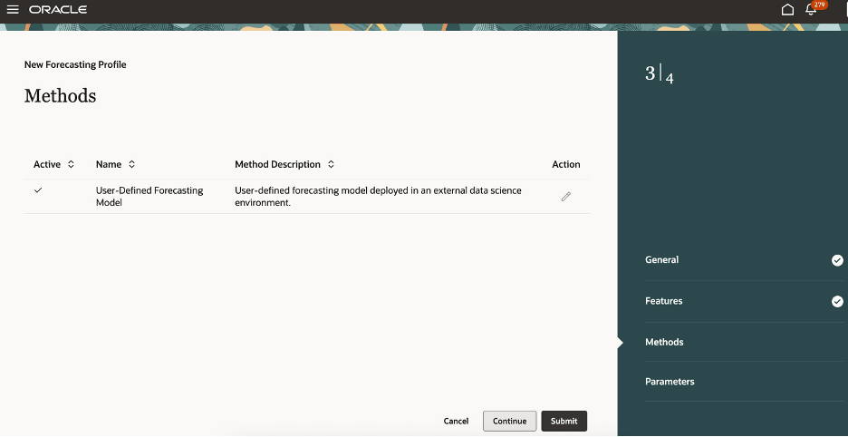 Methods Step in Guided Process for Creating Forecasting Profile for External Machine Learning