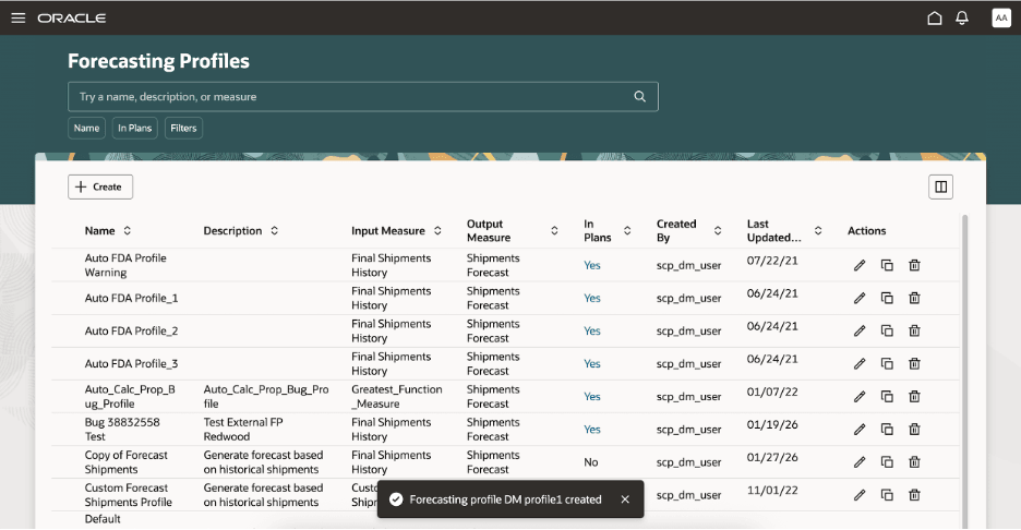 Confirmation Message for Creation of Forecasting Profile