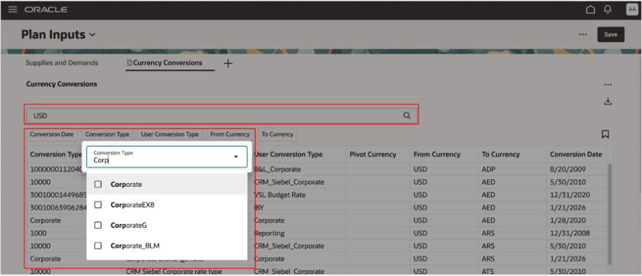 Search Bar and Suggested Filters for Currency Conversions Table