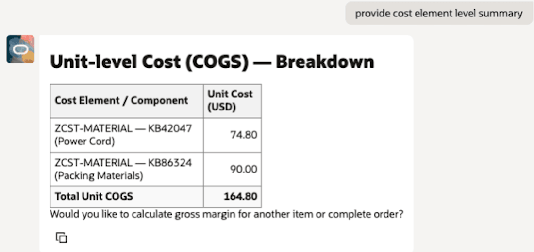 Unit level cost of goods sold with cost element level break-up