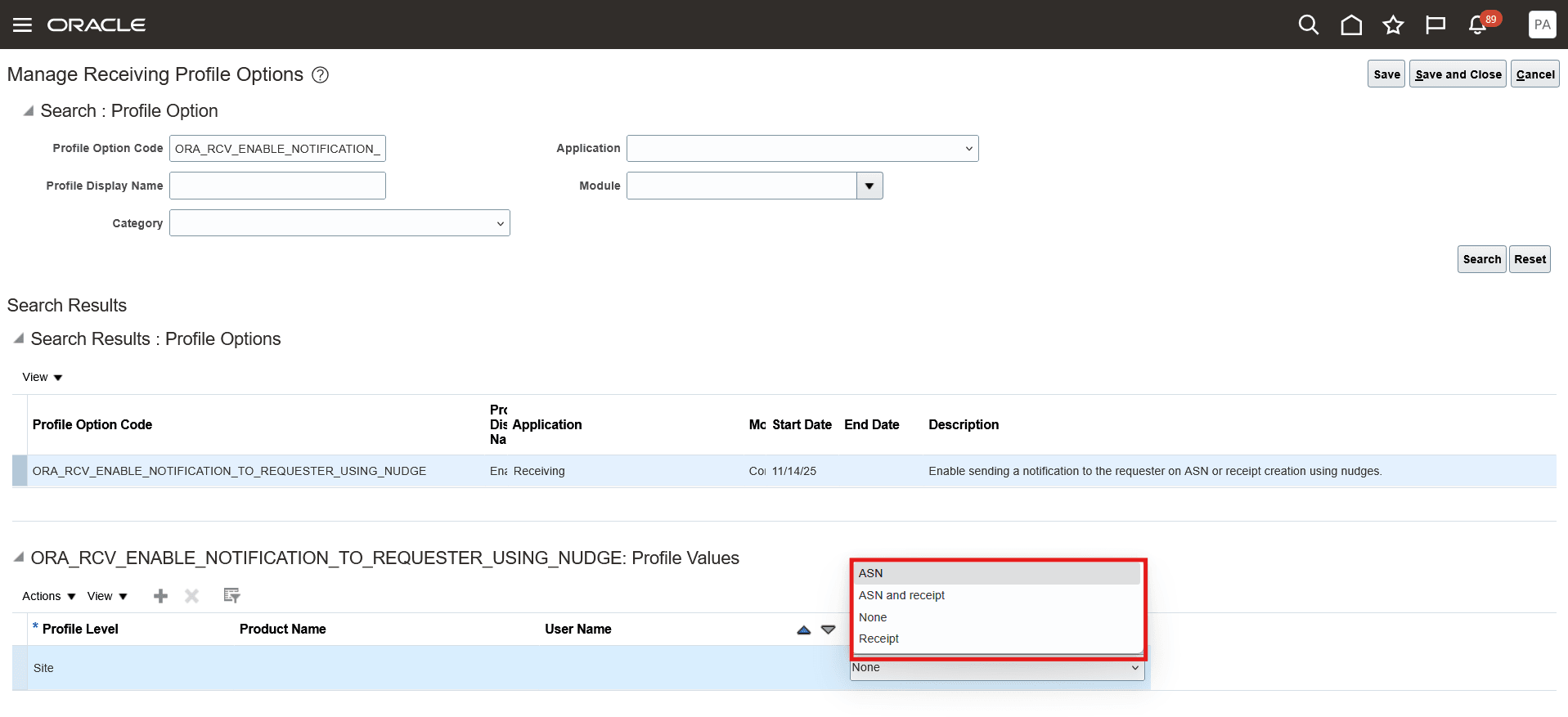 Receiving Profile Options
