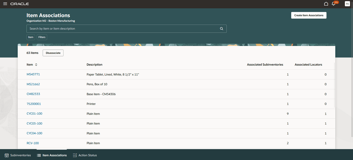 Item Associations Tab