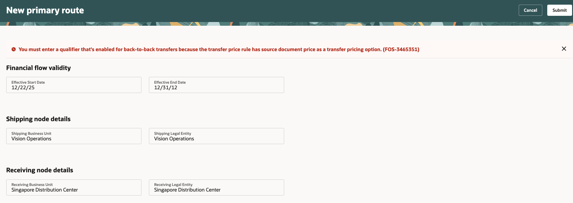 Financial flow agreement creation in error when back-to-back parameter in qualifier rule isn't enabled.