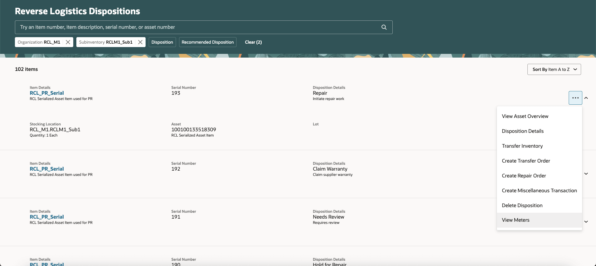 Reverse Logistics Dispositions Search List with New Action View Meters