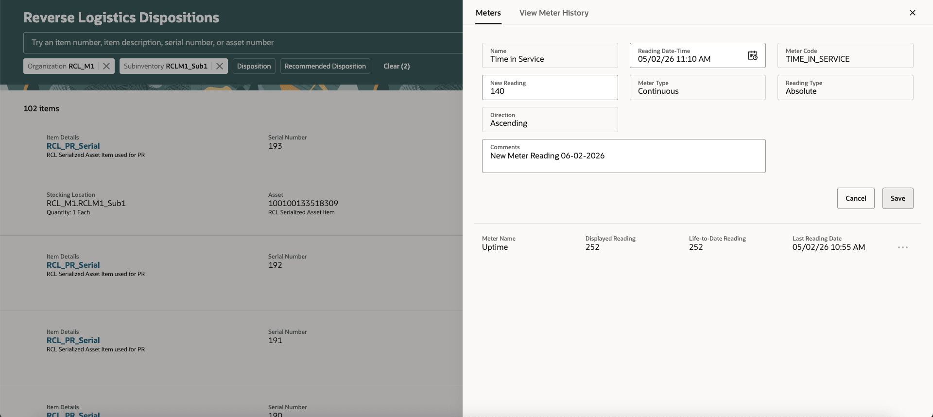 Reverse Logistics Dispositions Asset New Meter Reading Entry