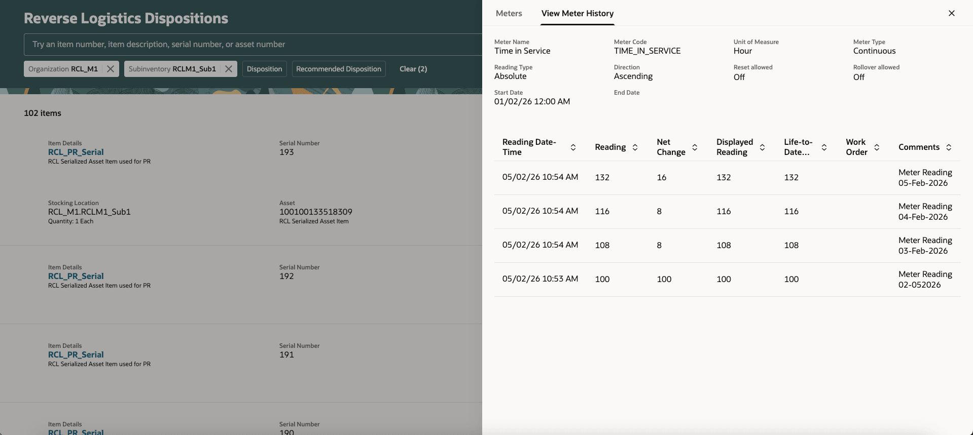 Reverse Logistics Dispositions Asset Meter History