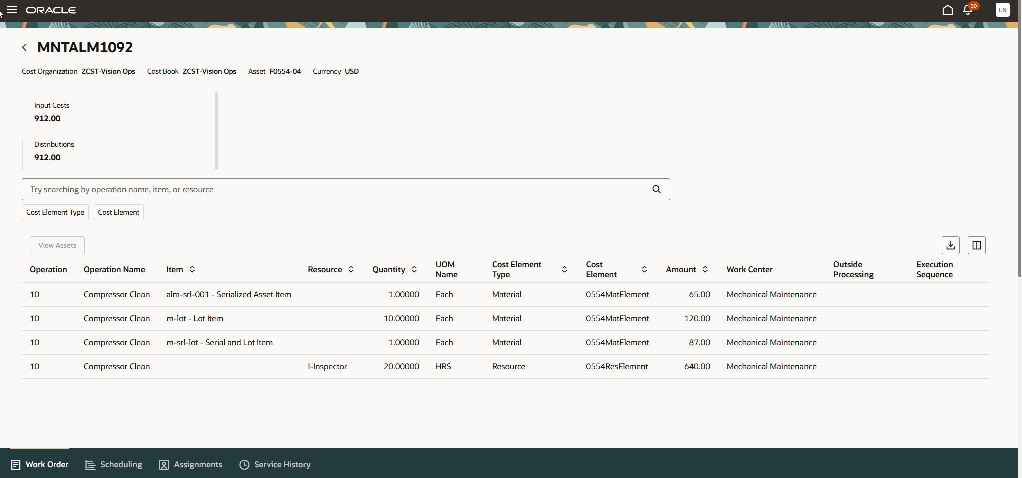 Work Order Cost Details 