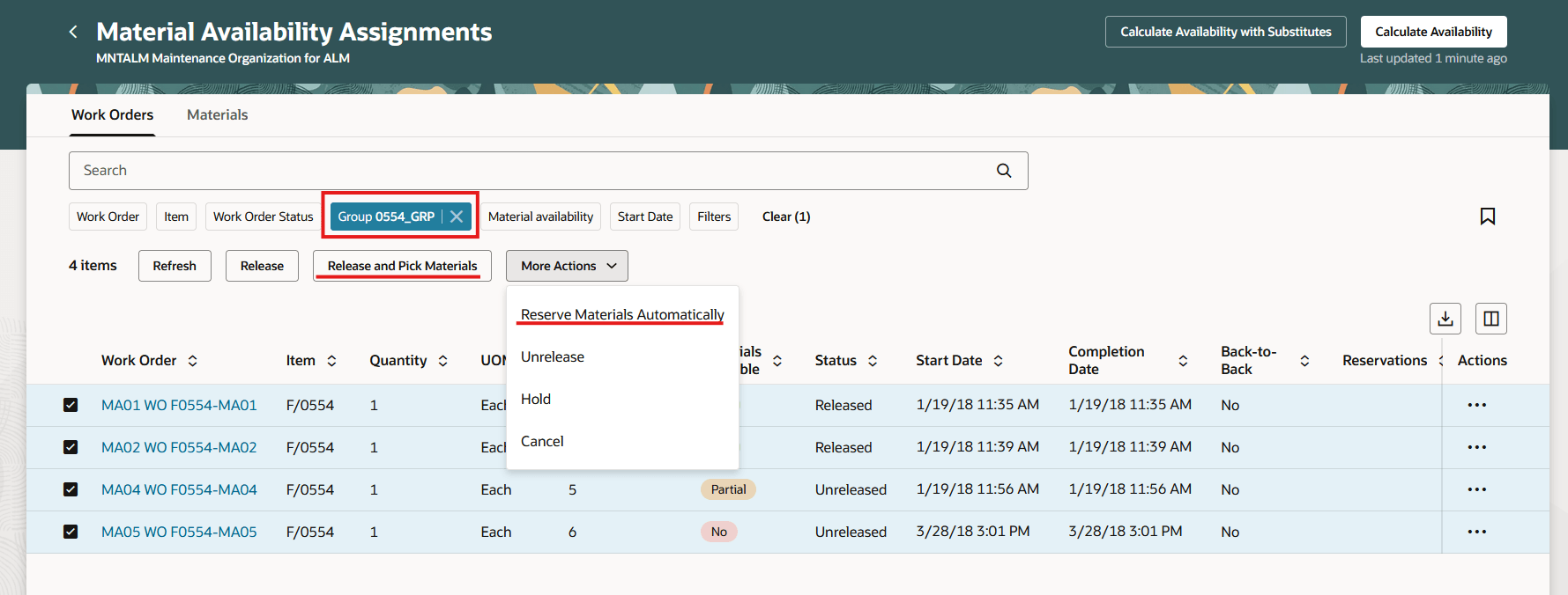 New action to Reserve Materials Automatically for work order groups. 
