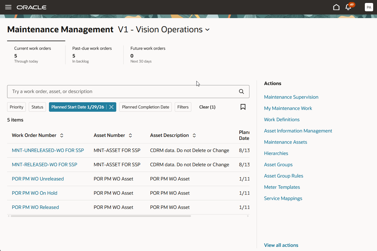 Navigation from Maintenance Management landing page to Work Definitions