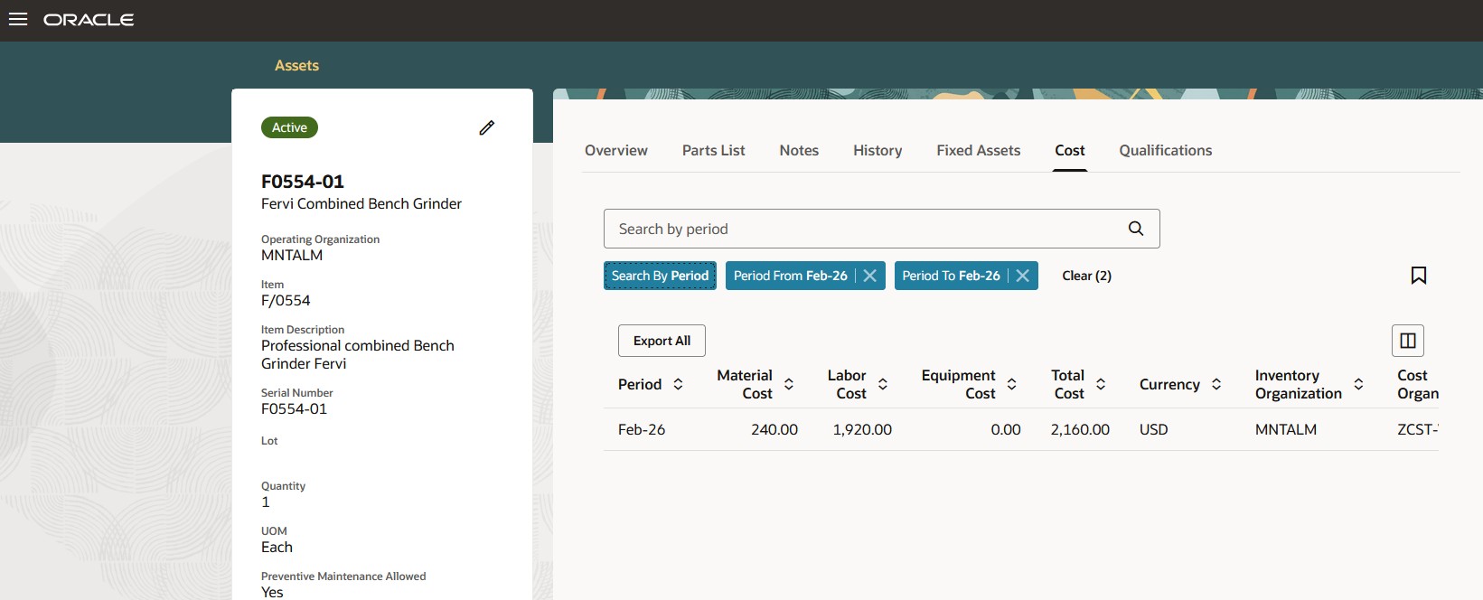 Asset Information Management: Cost tab