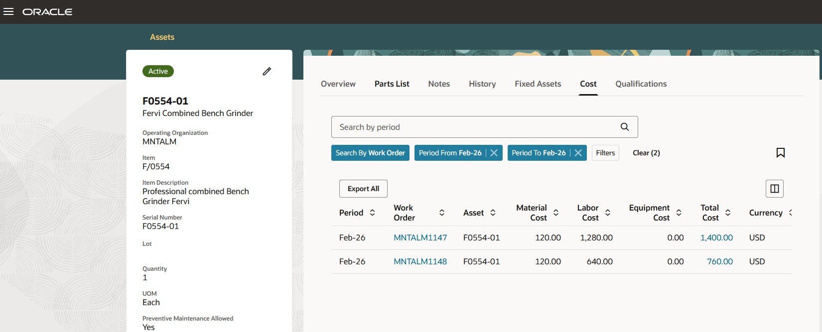 Asset Information Management: Search Cost by Work Order