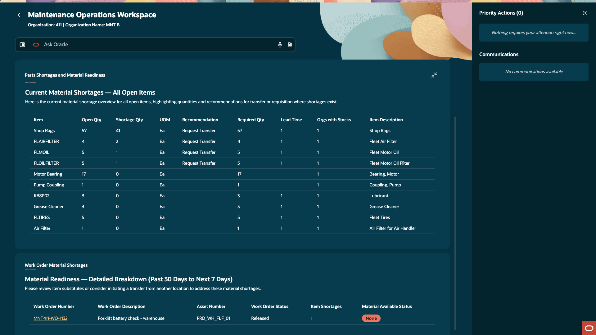 Screenshot showing the Parts Shortages and Material Readiness information display