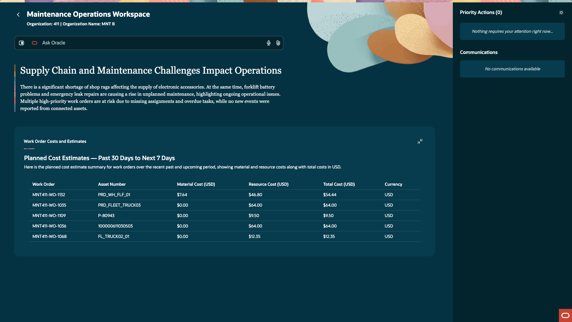 Screenshot showing the Work Order Costs and Estimates information display