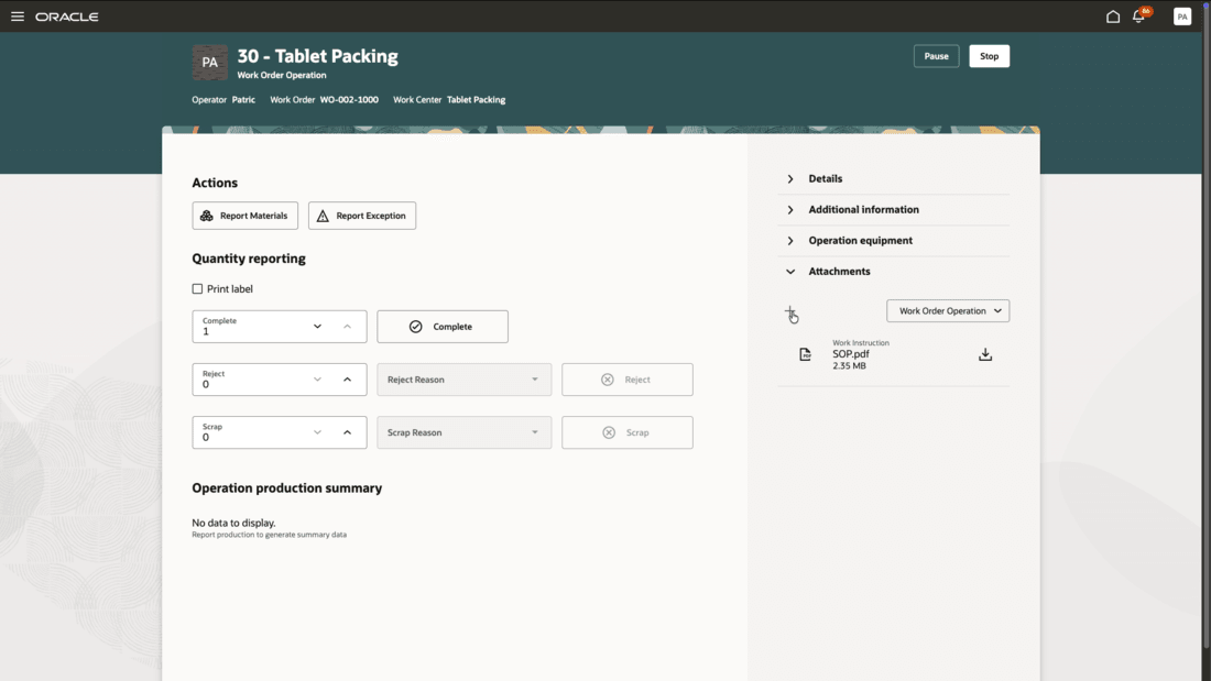 Add work order operation attachment during execution of work order operation