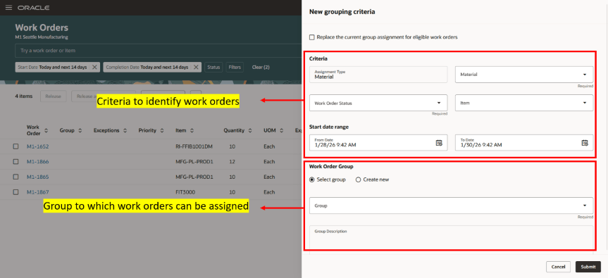 Specify Material Criteria and Group Name in Assign Work Orders to Group by Criteria Action