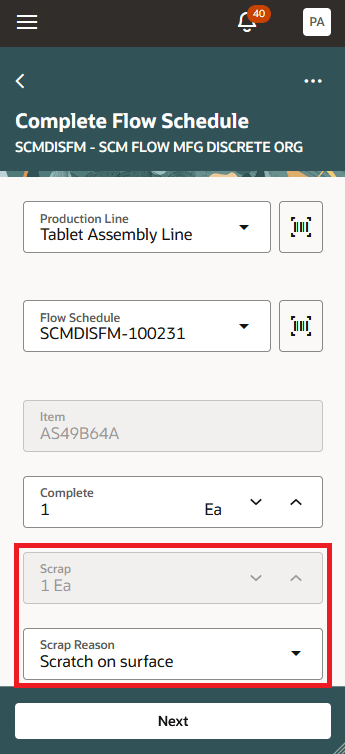 Report Scrap without a Predefined Inspection Plan against a Flow Schedule using an Industrial Handheld Device