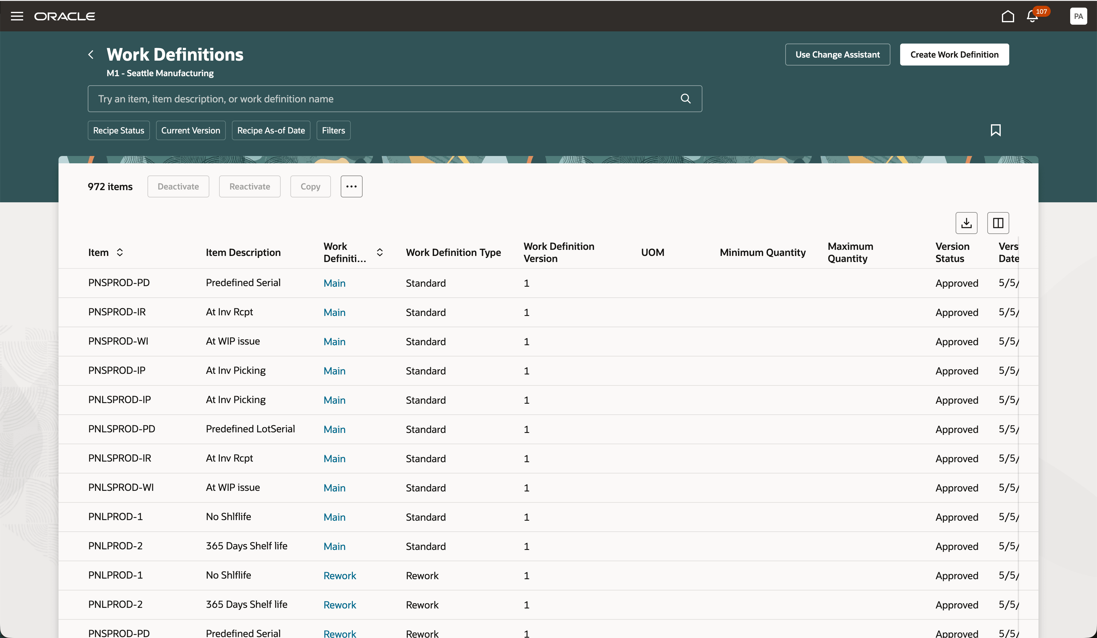 Access Change Assistant from Manage Work Definitions Page