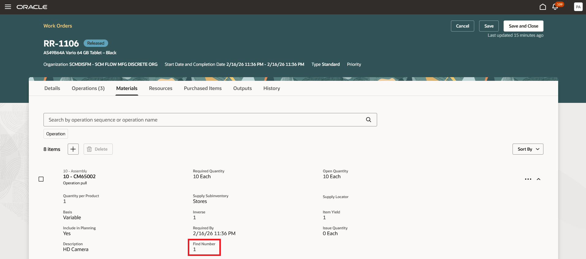 Review Material Sequence and Find Number for Work Order Material