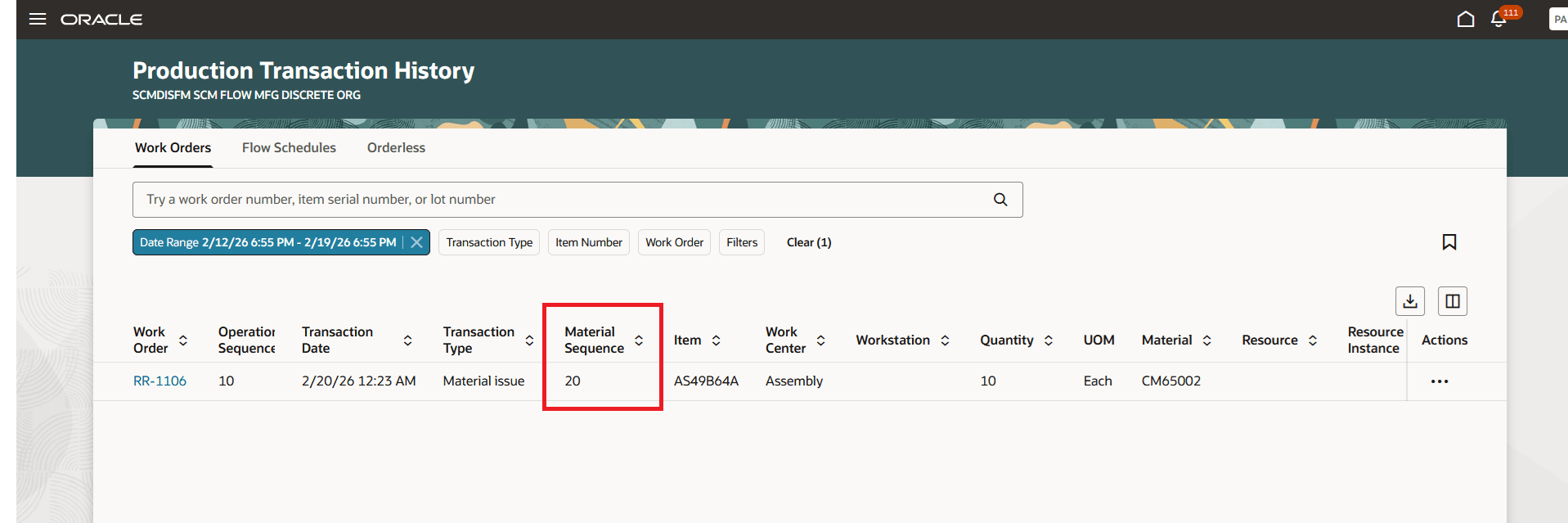 Review Material Sequence in Production Transaction History