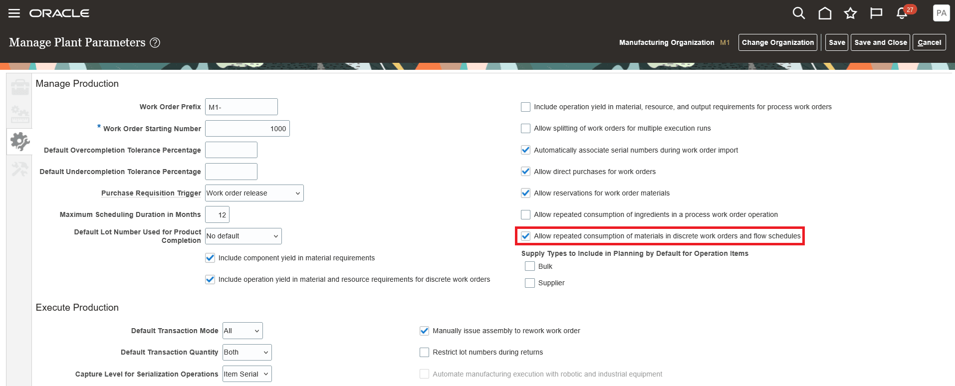 Set up Allow repeated consumption of materials in discrete work orders and flow schedules&nbsp;plant parameter