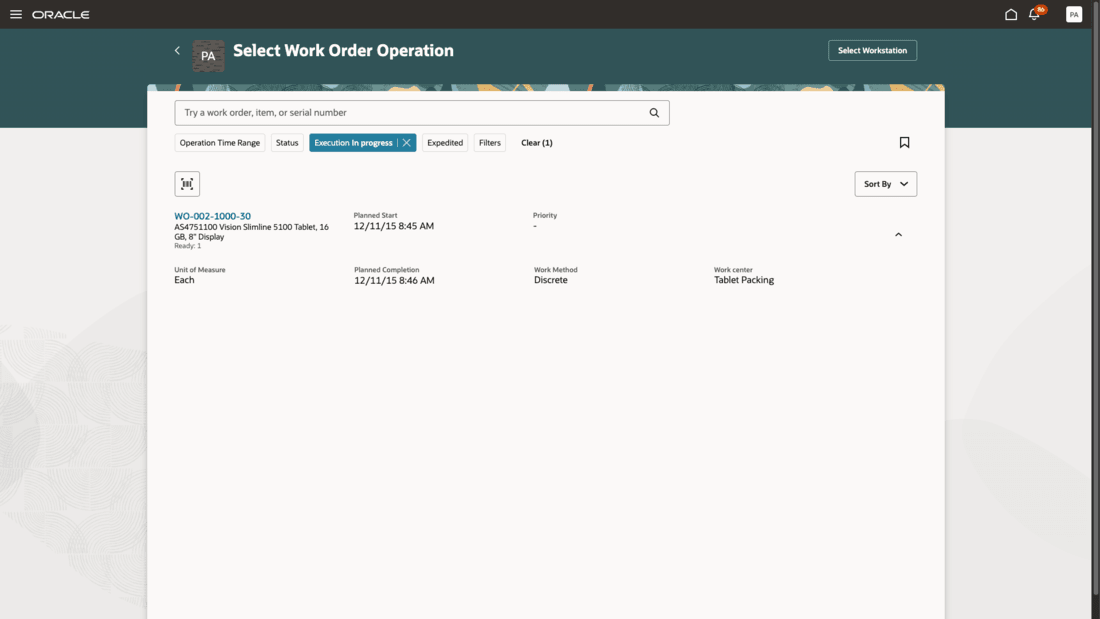 Select and resume in-progress work order operation execution by an operator