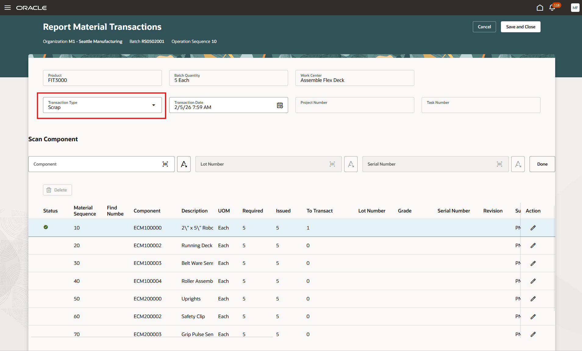 Scrap component transaction