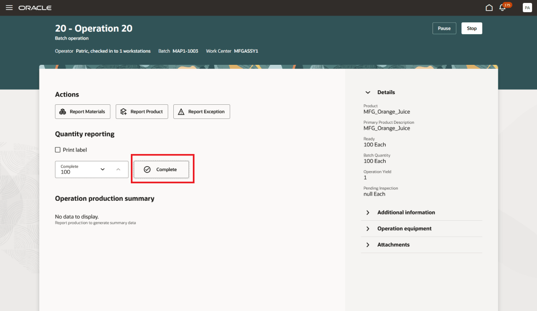 Production Operation Completion with a Required Inspection