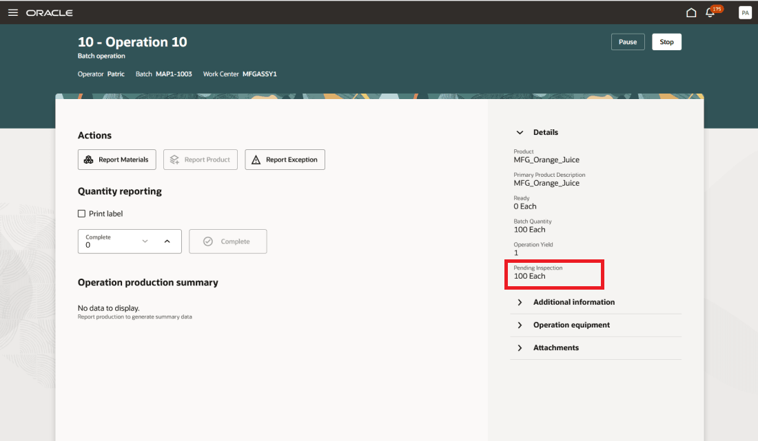 Production Operation Completion with a Required Inspection Post Completion