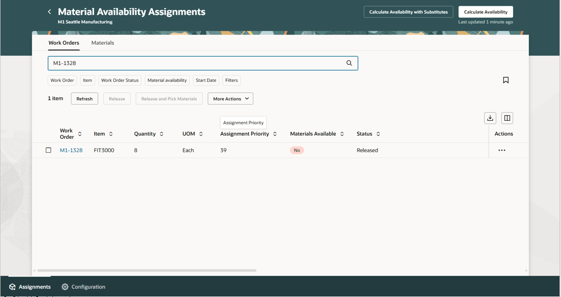 Work Orders Tab in Material Availability Assignments