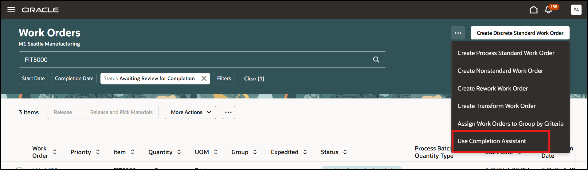 Manage Work Orders page