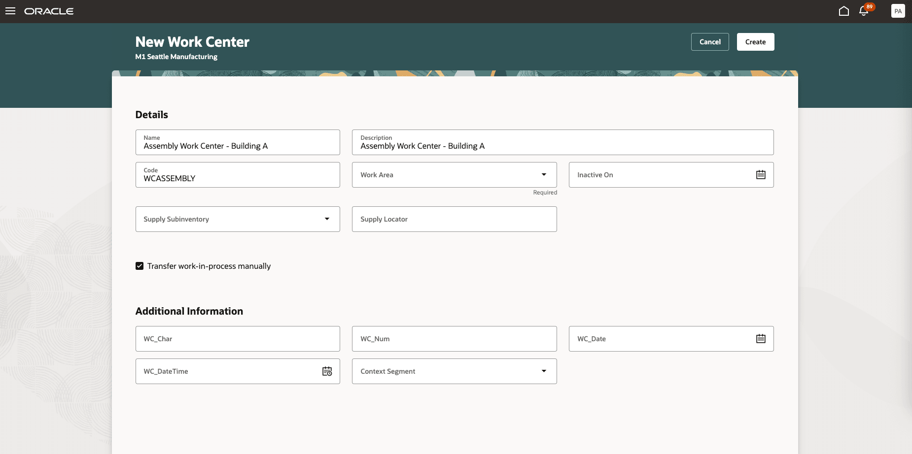 Work definition creation page