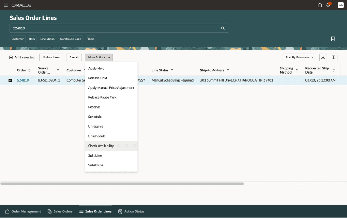 Order Selection and Check Availability Invocation in Fusion Order Management
