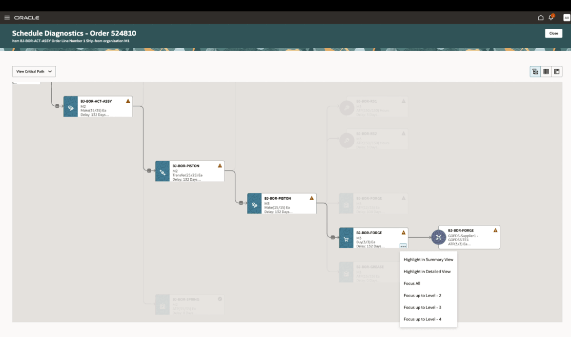 Focus and Navigation Switching Options in Scheduling Diagnostics Graphical View