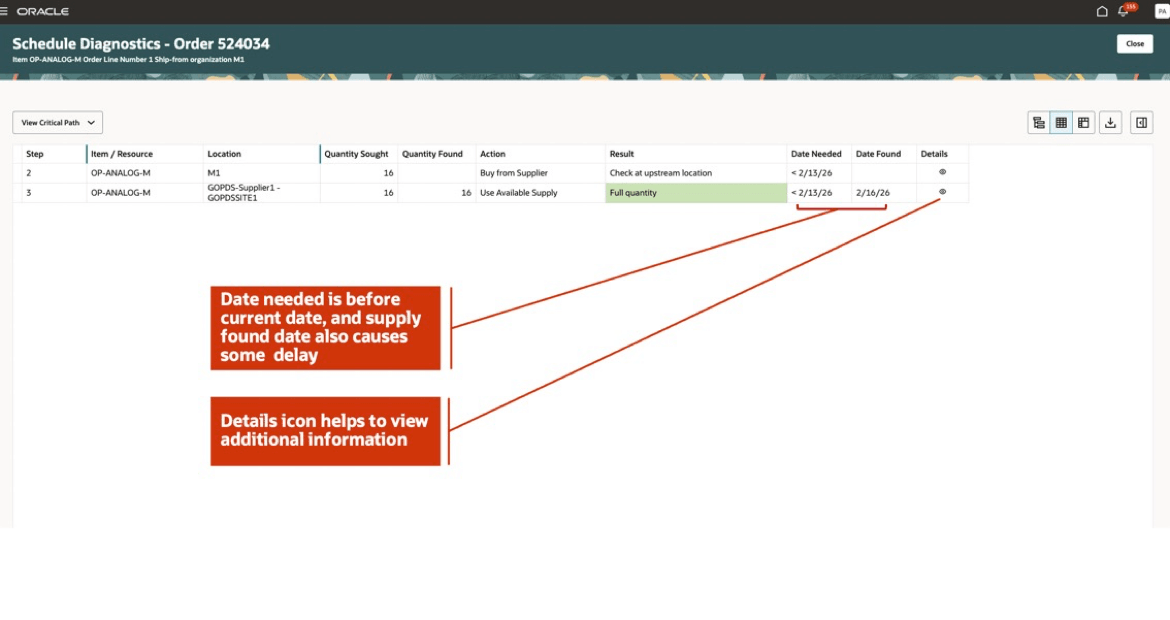 Summary Tabular View for Critical Path