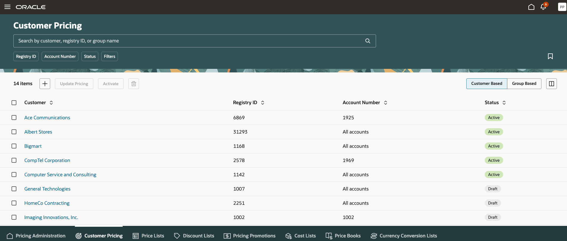 View customer pricing for a specific account or all accounts for a customer