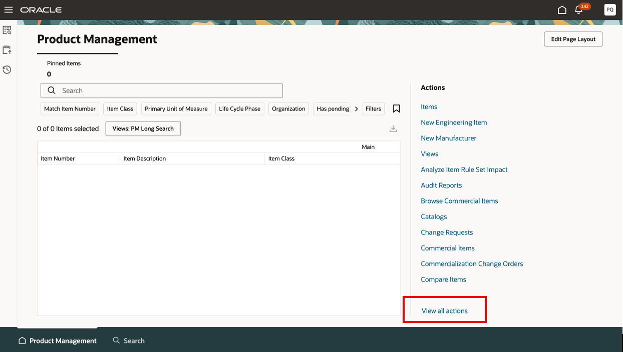 Product Management Page – View All Actions Link