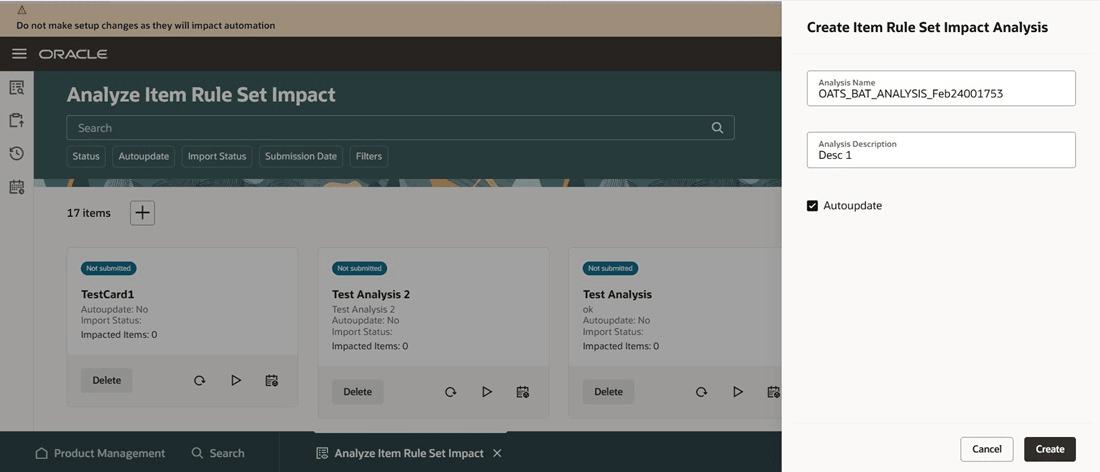 Create Item Rule Set Impact Analysis Drawer