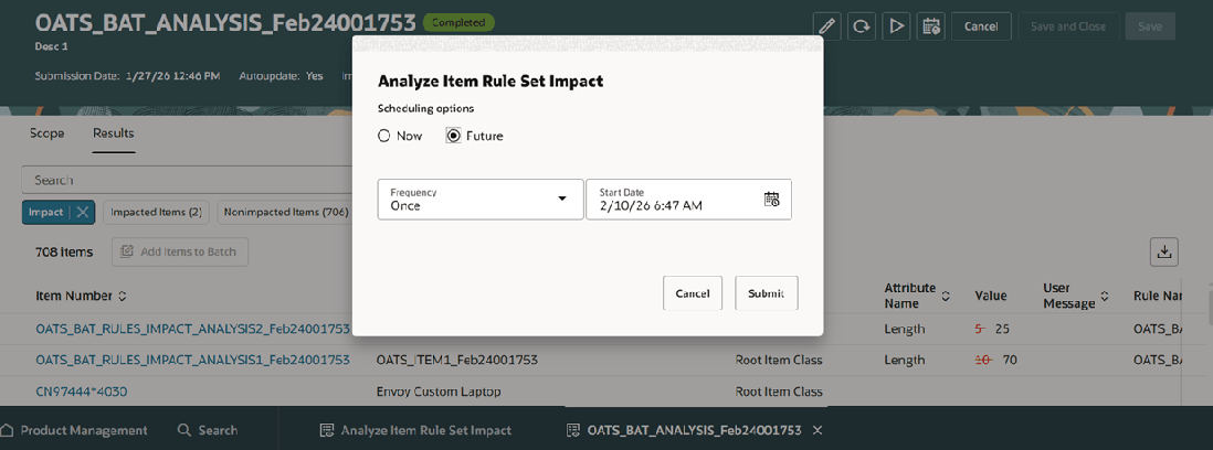 Analyze Item Rule Set Impact Scheduling Options 