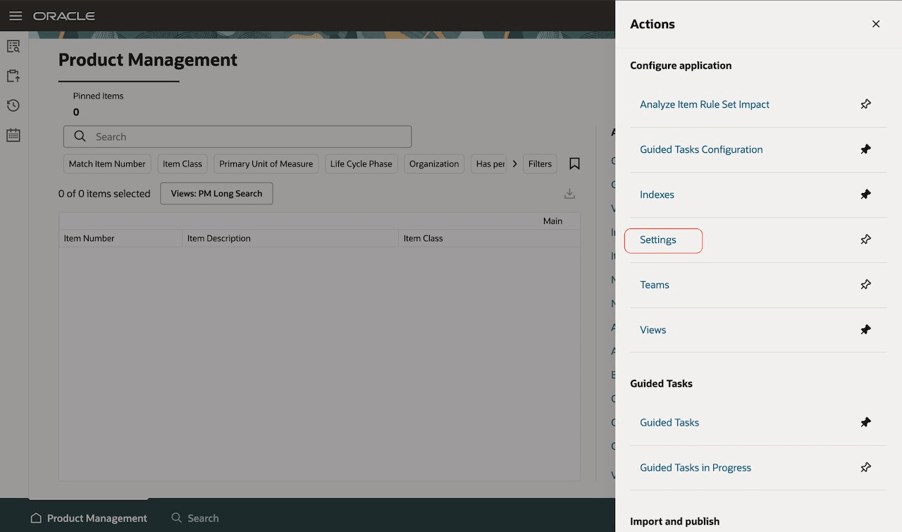 Actions Drawer – Settings
