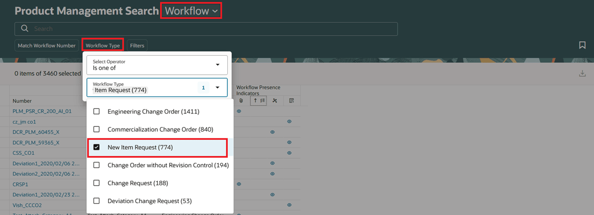 Workflow Type Filter on Search Workflow Page with New Item Request Selected