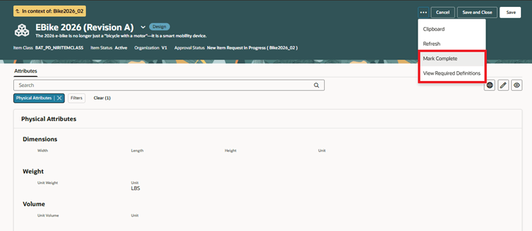 caption: Item Actions in the Definition Step on the New Item Request