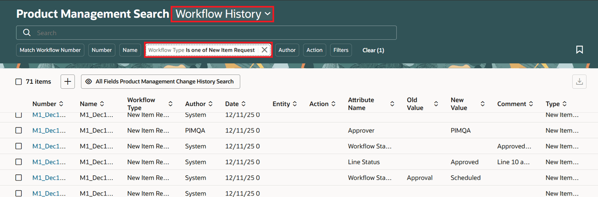 caption: Workflow History Search with the Workflow Type Filter Set to New Item Request
