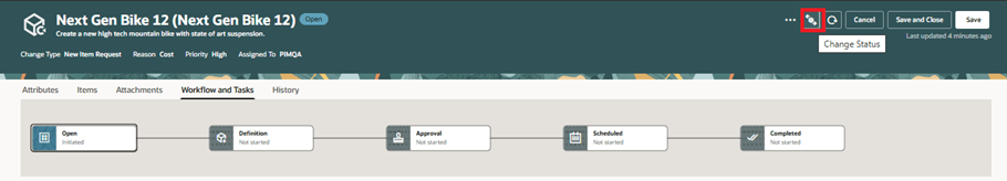 caption: Change Status Button on New Item Request