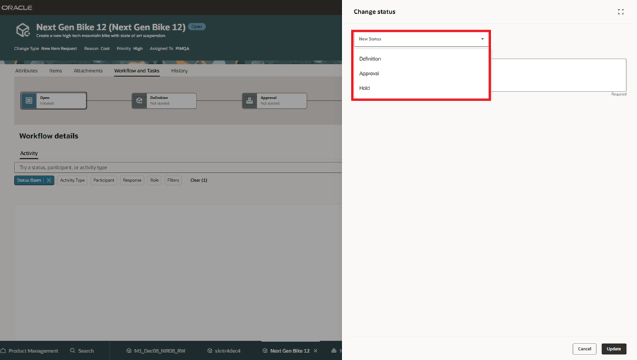 caption: Select the New Status and Enter a Comment