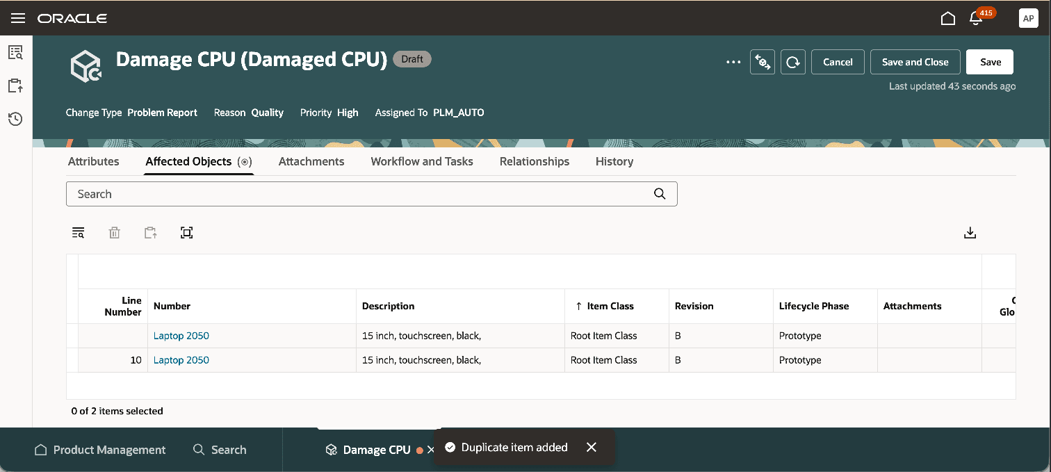 Caption: Add Same Affected Items Multiple Times in Problem Report