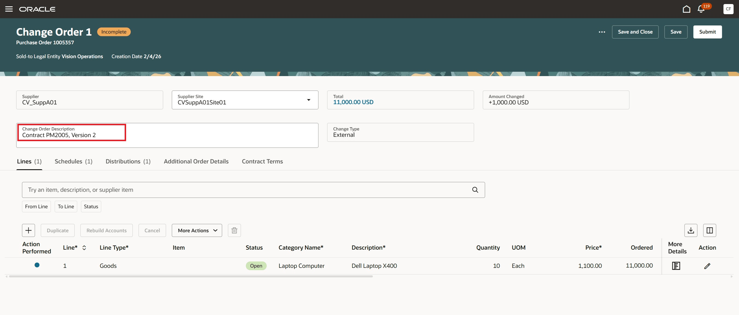 Purchasing Change Order Created From Contract