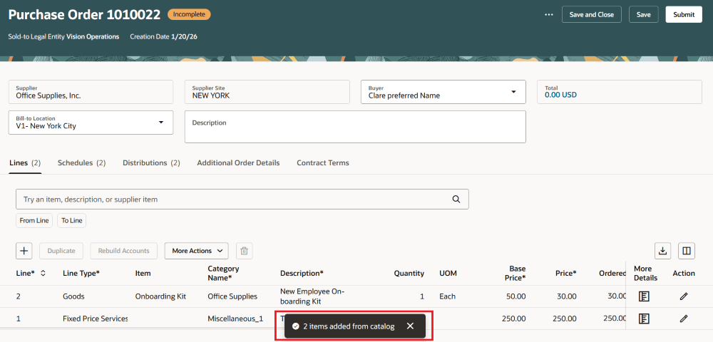 Selected Items Added to Purchase Order
