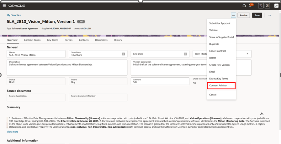 Contract Advisor from Edit page